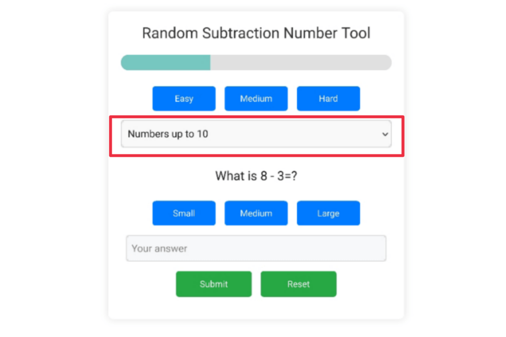 Random Subtraction Number Practice Tool, Subtraction Number Practice Tool
