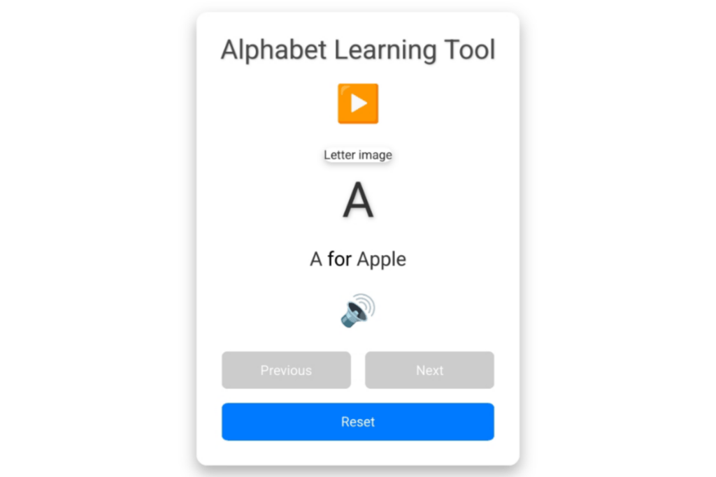 Alphabet learning tool, interactive alphabet practice, alphabet for kids, letter practice, word learning tool, kids educational tool, alphabet flashcards, voice-enabled learning