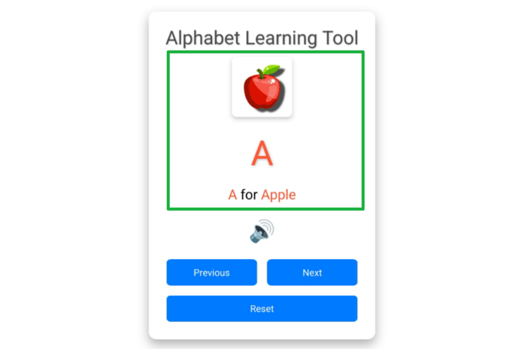 Alphabet learning tool, interactive alphabet practice, alphabet for kids, letter practice, word learning tool, kids educational tool, alphabet flashcards, voice-enabled learning