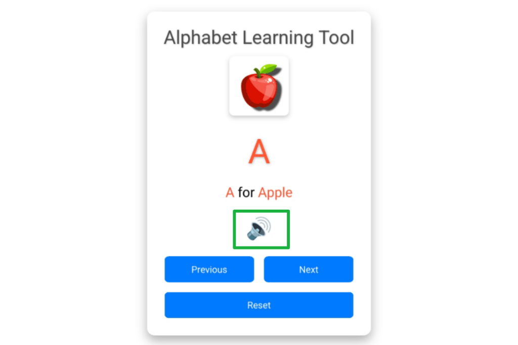 Alphabet learning tool, interactive alphabet practice, alphabet for kids, letter practice, word learning tool, kids educational tool, alphabet flashcards, voice-enabled learning