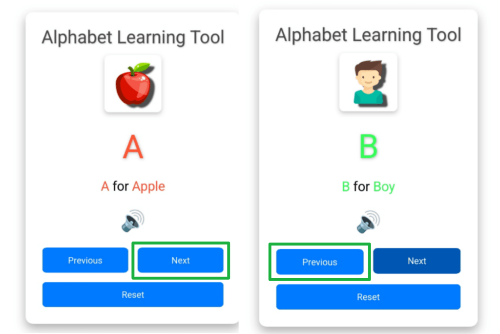 Alphabet learning tool, interactive alphabet practice, alphabet for kids, letter practice, word learning tool, kids educational tool, alphabet flashcards, voice-enabled learning