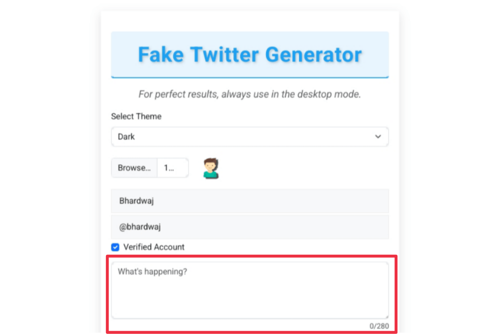 Fake twitter generator, fake tweets generator, create fake social media posts, twitter post generator, generate fake tweets, twitter post mockup, social media content generator, fake twitter tool